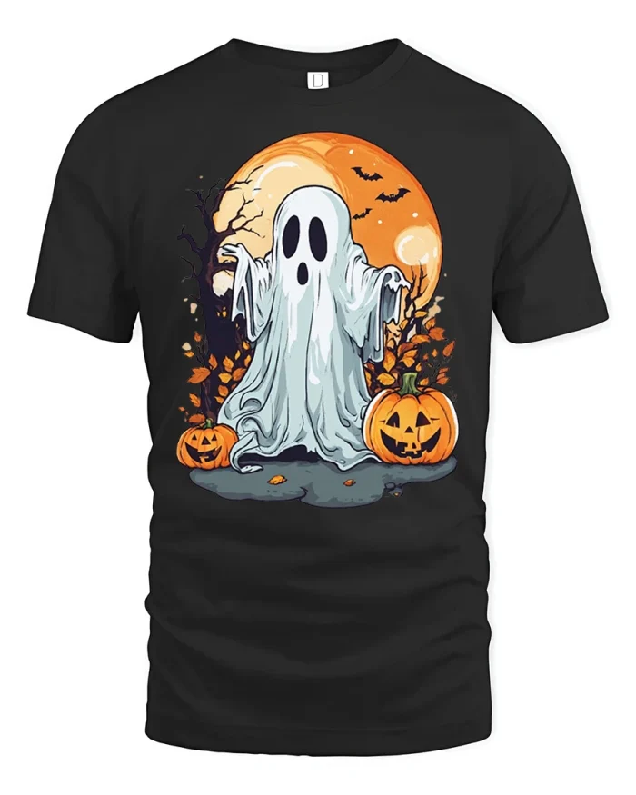 Spooky Cute Ghost Pumpkins Full Moon Halloween T-Shirt - black t-shirt on white background