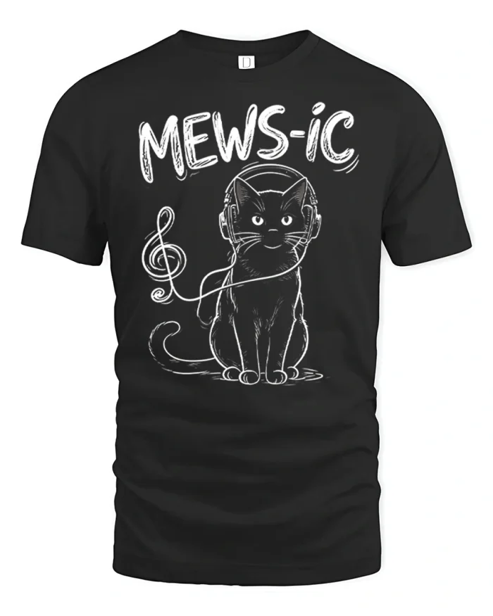 Mewsic Cat Wearing Headphones Music Note T-Shirt - black t-shirt on white background