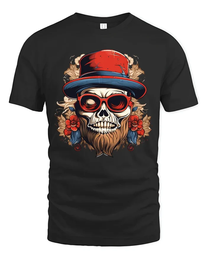 Bearded Skull Wearing Red Hat And Sunglasses T-Shirt - black t-shirt on white background