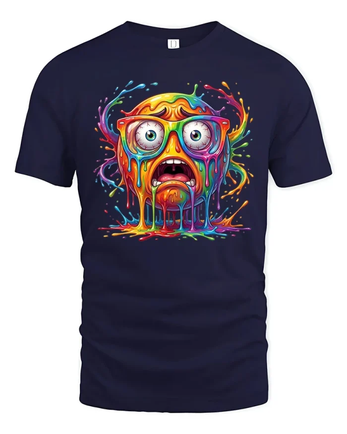 Melting Rainbow Emoji Face Psychedelic Graphic T-Shirt - navy t-shirt on white background
