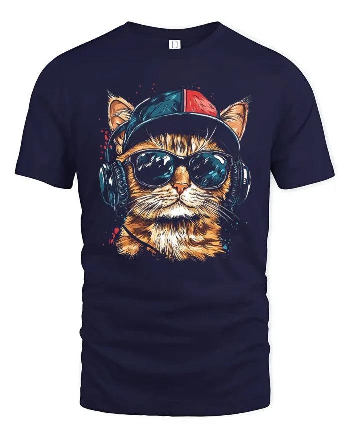 Cool Cat Wearing Cap And Sunglasses Music Graphic T-Shirt - navy t-shirt on white background