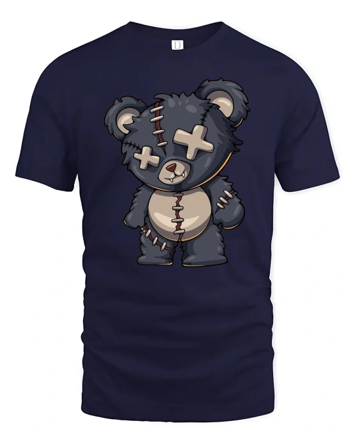 Creepy Cute Stitched Voodoo Teddy Bear Graphic T-Shirt - navy t-shirt on white background