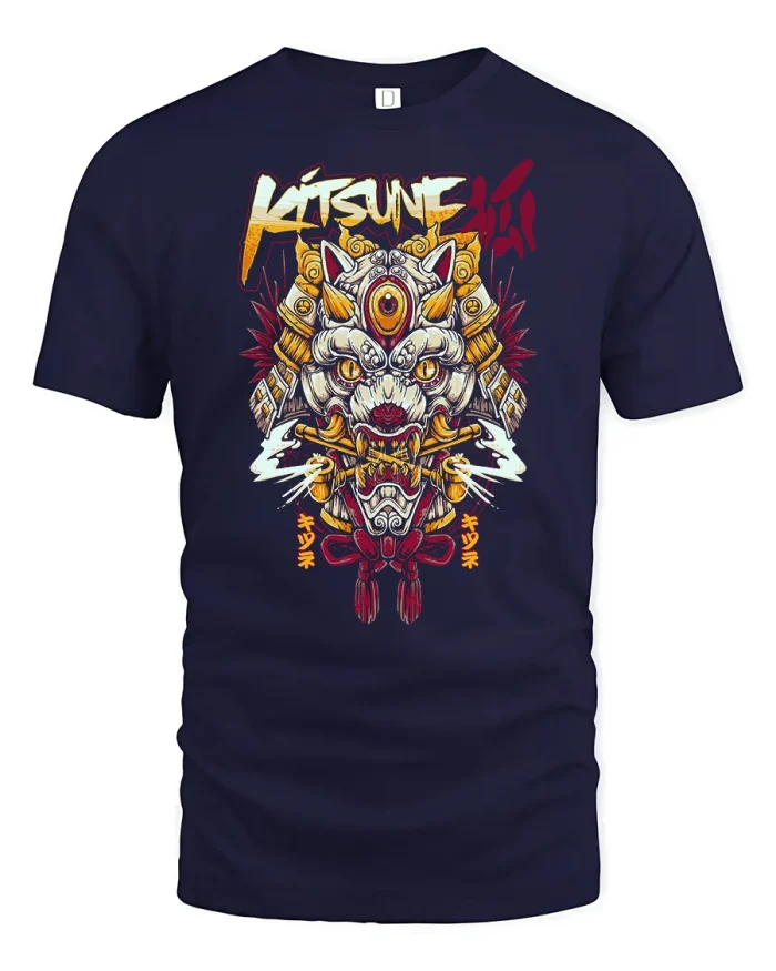 Kitsune Japanese Samurai Fox Mask Graphic T-Shirt - navy t-shirt on white background