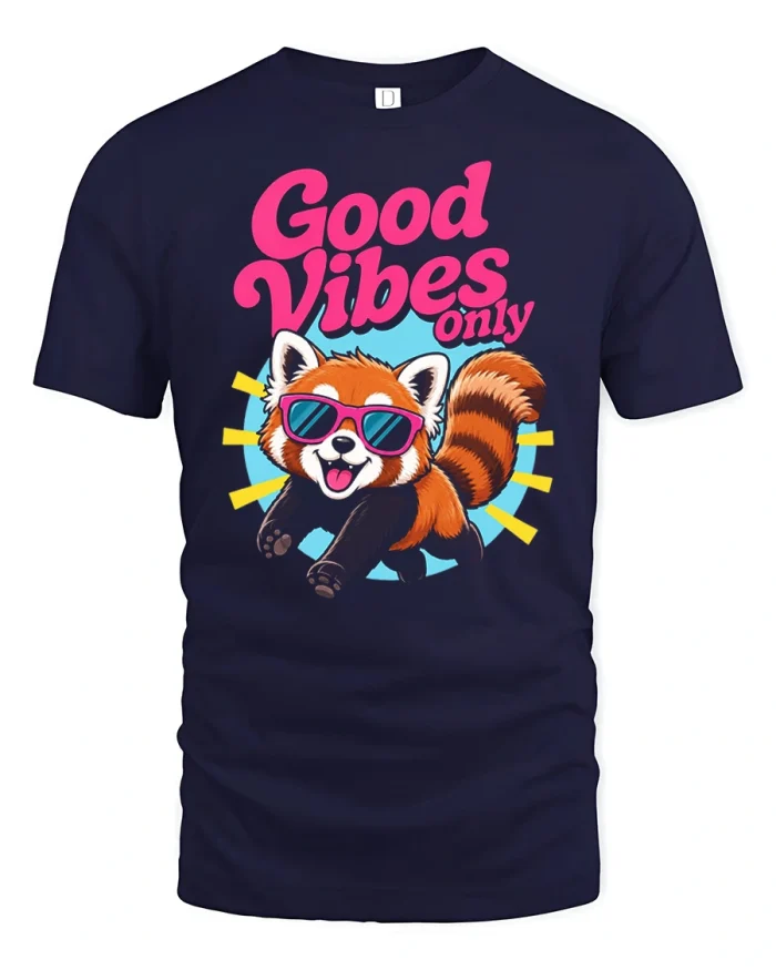 Good Vibes Only Red Panda Sunglasses Graphic T-Shirt - navy t-shirt on white background