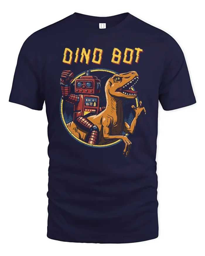 Dino Bot Dinosaur Robot Sci Fi Graphic T-Shirt - navy t-shirt on white background