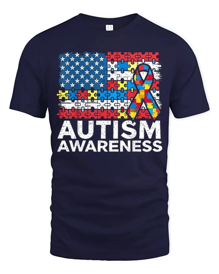 American Flag Autism Awareness Puzzle Ribbon T-Shirt - navy t-shirt on white background