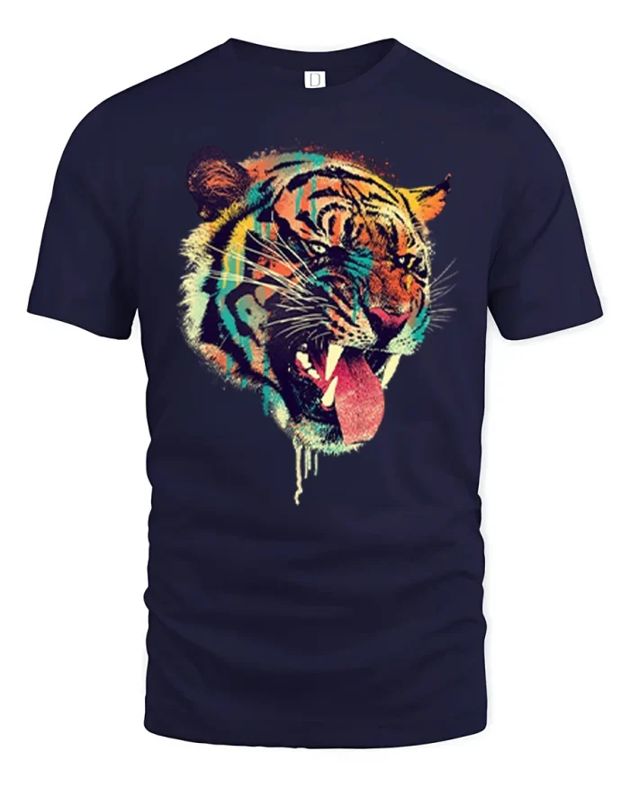 Colorful Roaring Tiger Head Paint Splash Graphic T-Shirt - navy t-shirt on white background