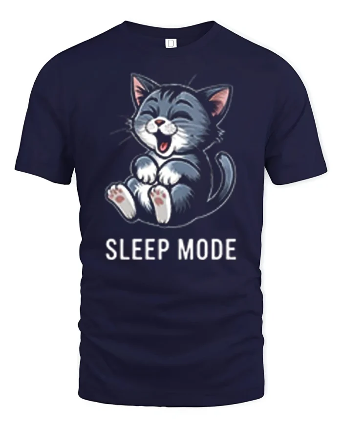 Sleep Mode Cute Laughing Cat Meme Graphic T-Shirt - navy t-shirt on white background
