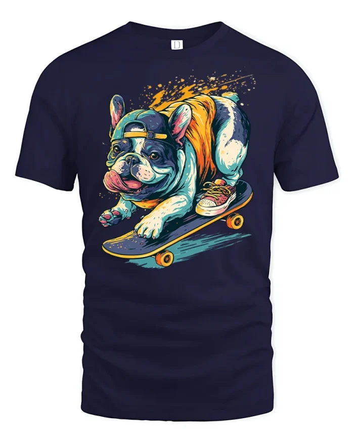 Cool Skater French Bulldog Skateboard Graphic T-Shirt - navy t-shirt on white background