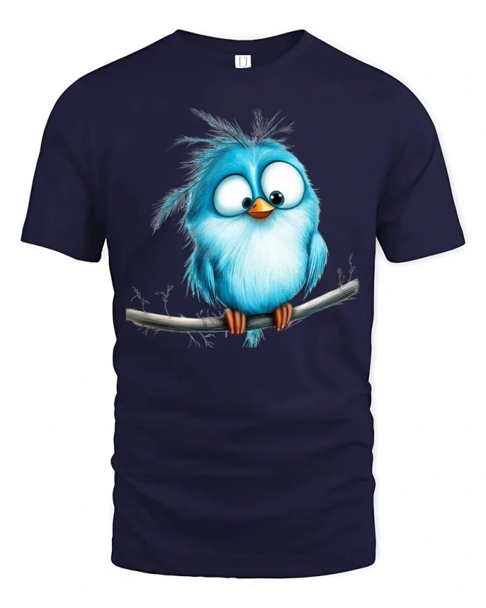 Cute Funny Blue Bird Perched On Tree Branch T-Shirt - navy t-shirt on white background