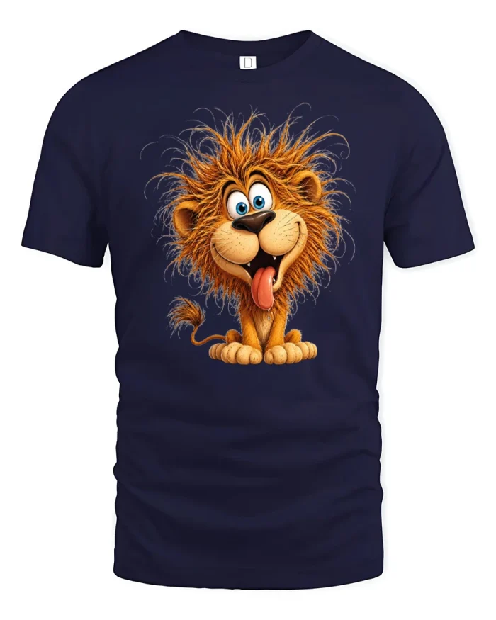 Cute Funny Messy Mane Lion Cartoon Graphic T-Shirt - navy t-shirt on white background