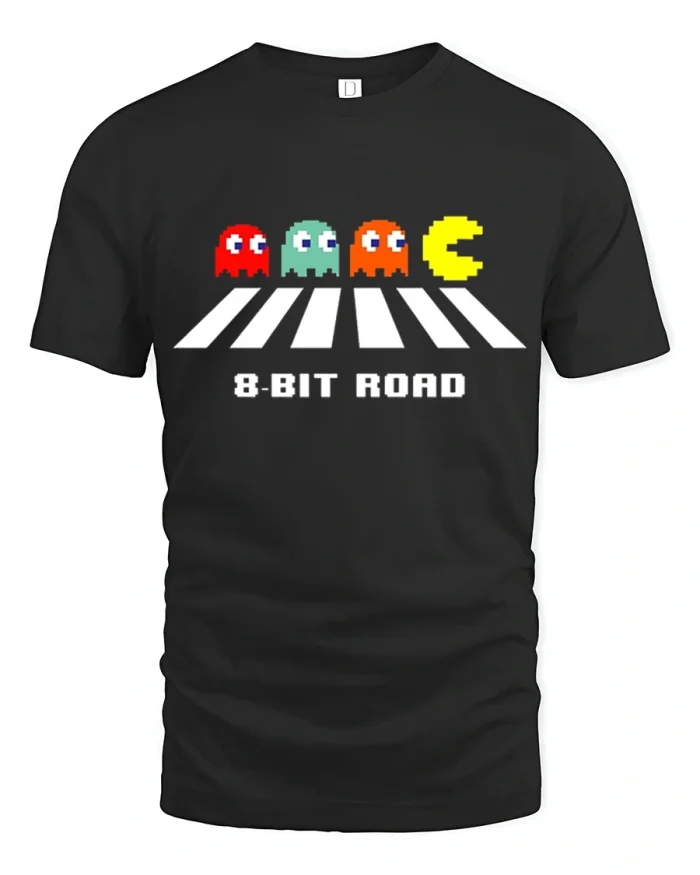 8-Bit Road Retro Arcade Gaming Mashup T-Shirt - black t-shirt on white background