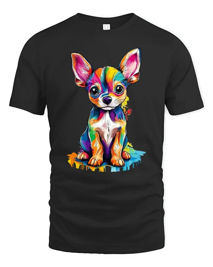 Colorful Cute Chihuahua Puppy Dog Watercolor Art T-Shirt - black t-shirt on white background
