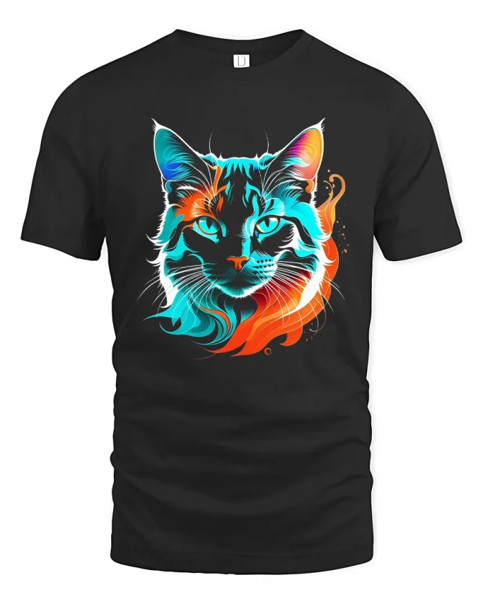 Colorful Neon Glow Cat Portrait Graphic T-Shirt - black t-shirt on white background