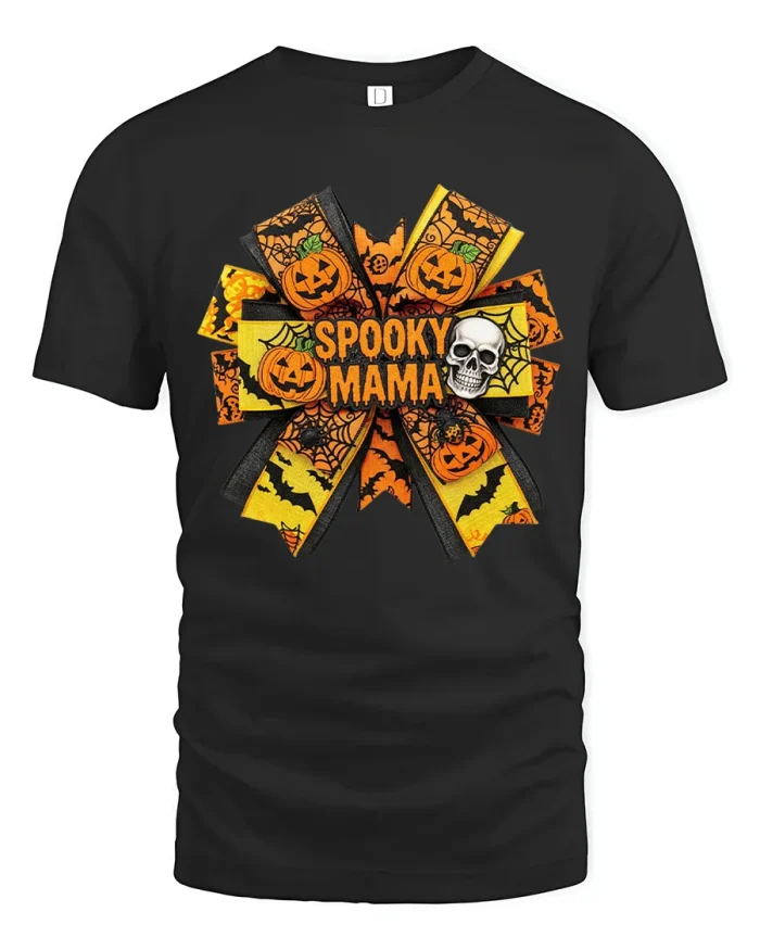 Spooky Mama Halloween Ribbon Bow Pumpkins T-Shirt - black t-shirt on white background