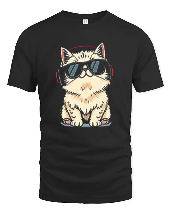 Cool Fluffy Cat Wearing Sunglasses Funny T-Shirt - black t-shirt on white background