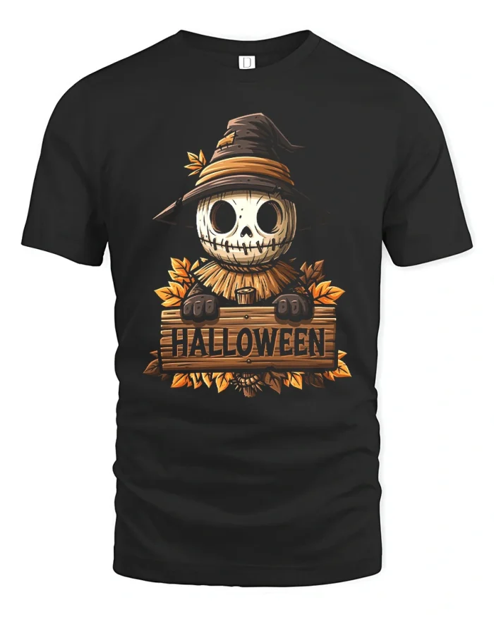 Spooky Scarecrow Halloween Wooden Sign T-Shirt - black t-shirt on white background