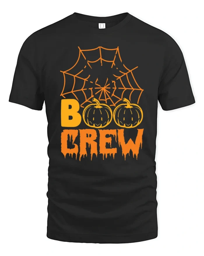 Spooky Boo Crew Pumpkin Spiderweb Halloween Tshirt - black t-shirt on white background