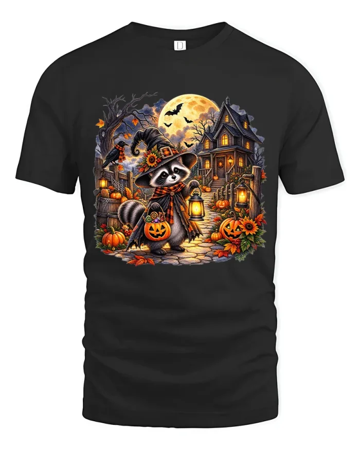 Spooky Raccoon Wizard Lantern Pumpkin Halloween Tshirt - black t-shirt on white background
