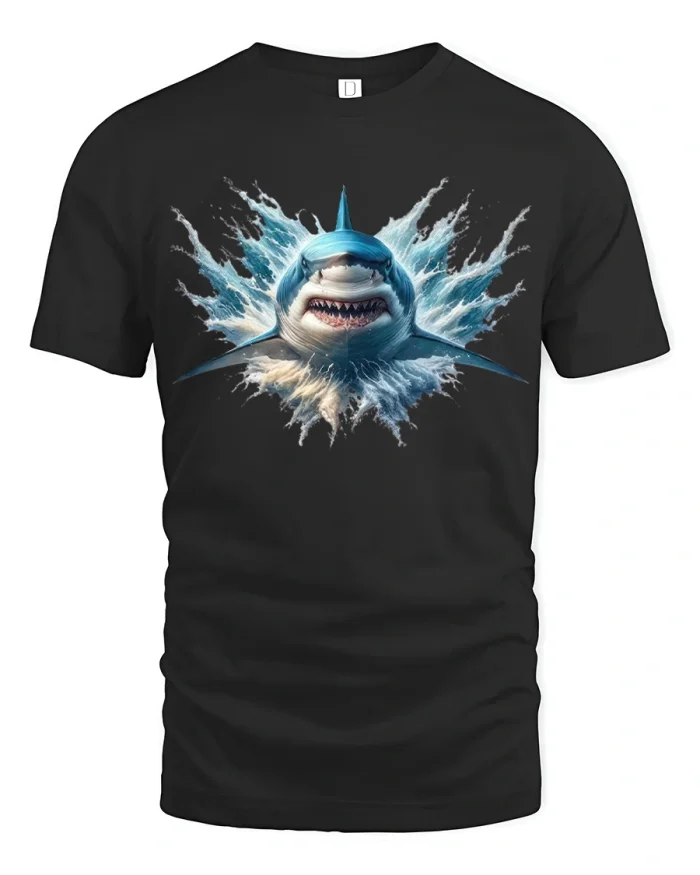 Epic Great White Shark Ocean Splash Graphic T-Shirt - black t-shirt on white background