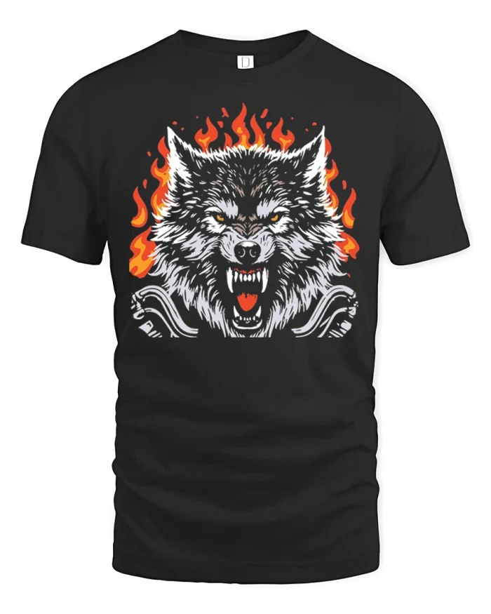 Fierce Howling Wolf Fire Flames Graphic T-Shirt - black t-shirt on white background
