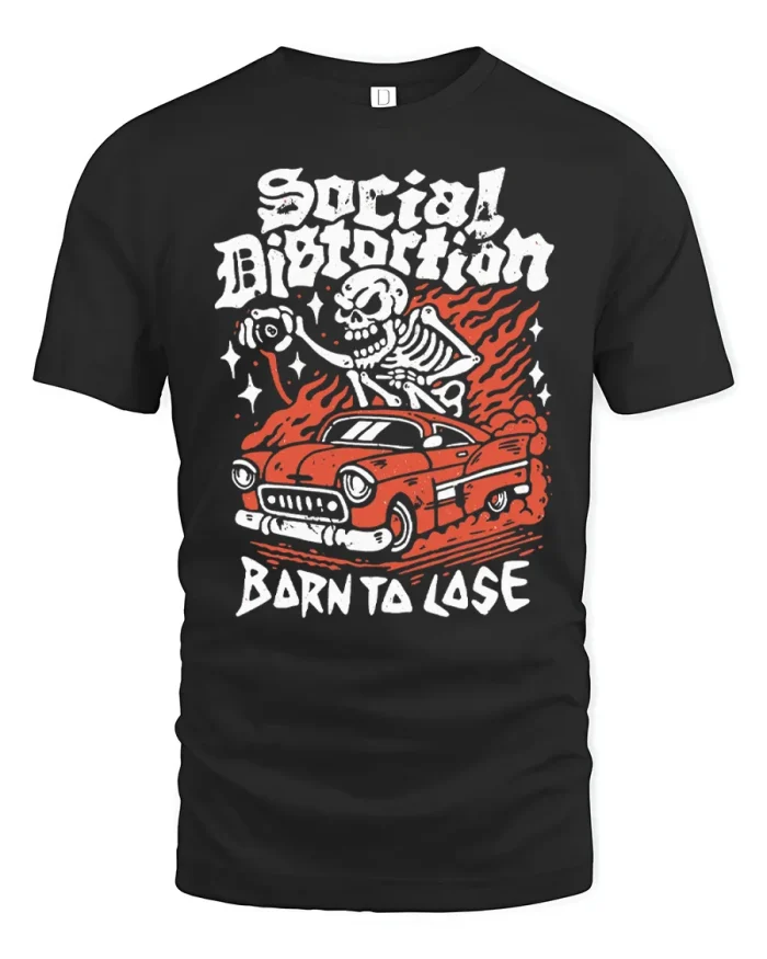 Social Distortion Born To Lose Skeleton Car T-Shirt - black t-shirt on white background