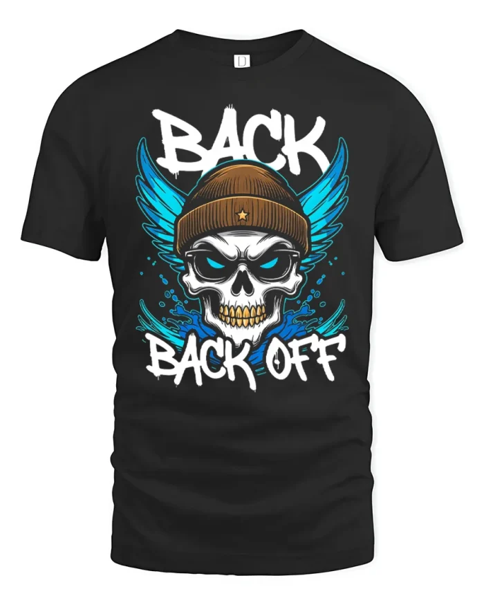 Back Back Off Beanie Skull Wings Graphic T-Shirt - black t-shirt on white background