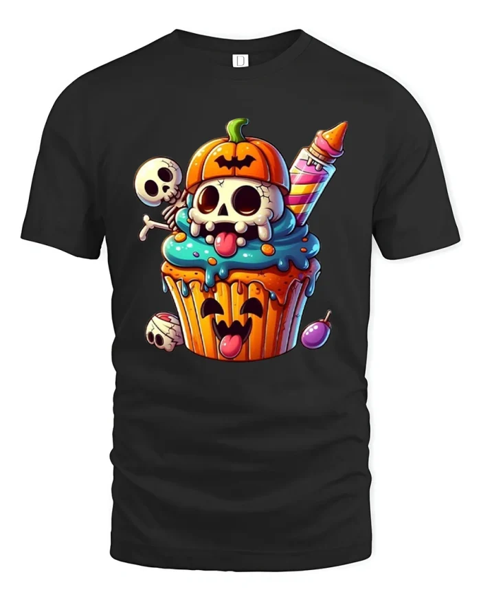 Spooky Halloween Skull Cupcake Pumpkin Pastel T-Shirt - black t-shirt on white background