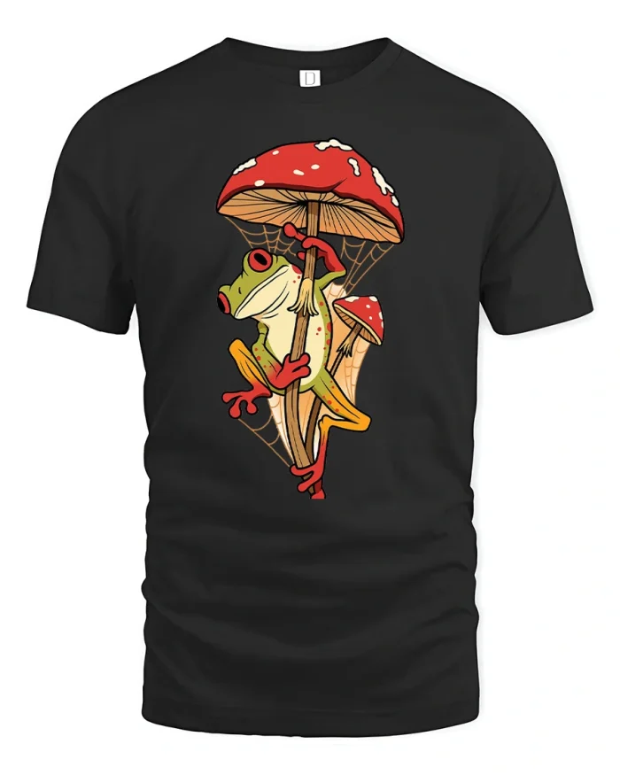 Cute Frog Climbing Red Mushroom Cottagecore T-Shirt - black t-shirt on white background