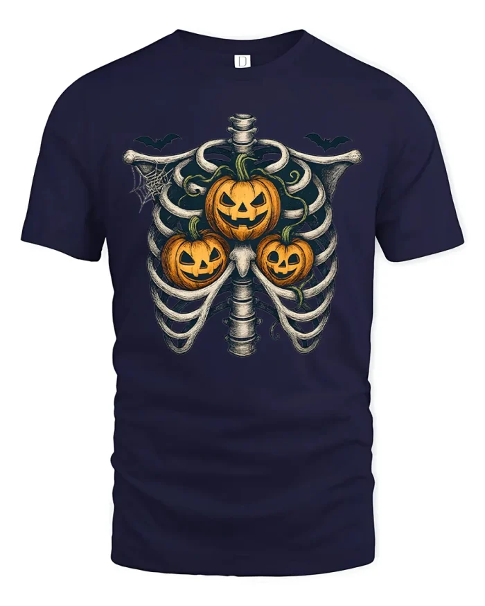 Spooky Skeleton Ribcage Pumpkins Halloween Graphic T-Shirt - navy t-shirt on white background