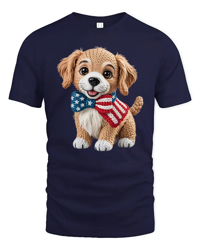 Cute Knitted Patriotic Puppy Dog US Flag Bowtie T-Shirt - navy t-shirt on white background