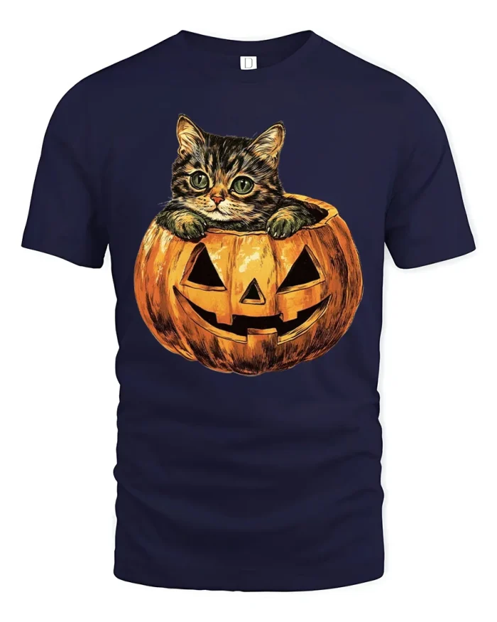 Cute Tabby Cat Inside Jack O Lantern Halloween T-Shirt - navy t-shirt on white background