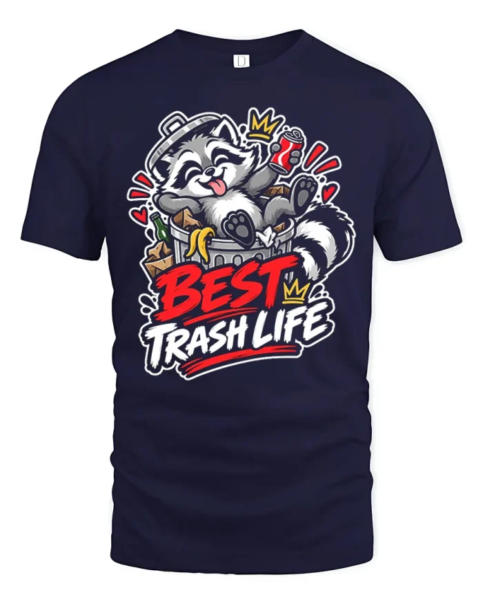 Best Trash Life Raccoon Garbage Can Funny T-Shirt - navy t-shirt on white background