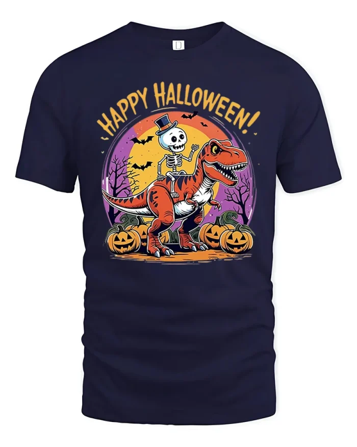 Skeleton Riding Dinosaur T-Rex Happy Halloween T-Shirt - navy t-shirt on white background