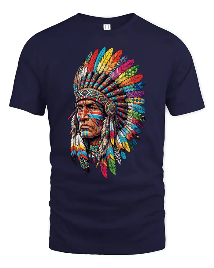 Colorful Native American Chief Feather Headdress T-Shirt - navy t-shirt on white background