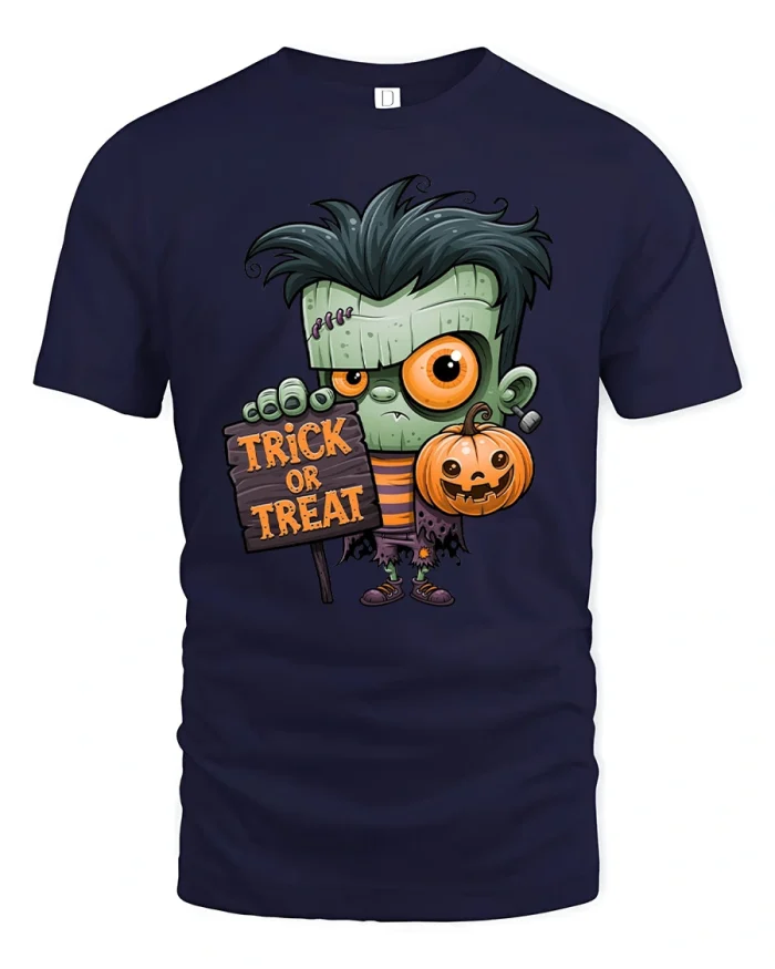Cute Frankenstein Trick Or Treat Halloween T-Shirt - navy t-shirt on white background