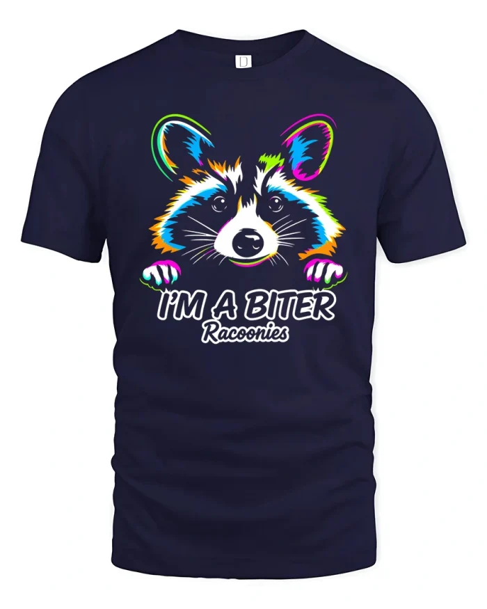 Im A Biter Racoonies Funny Neon Raccoon T-Shirt - navy t-shirt on white background