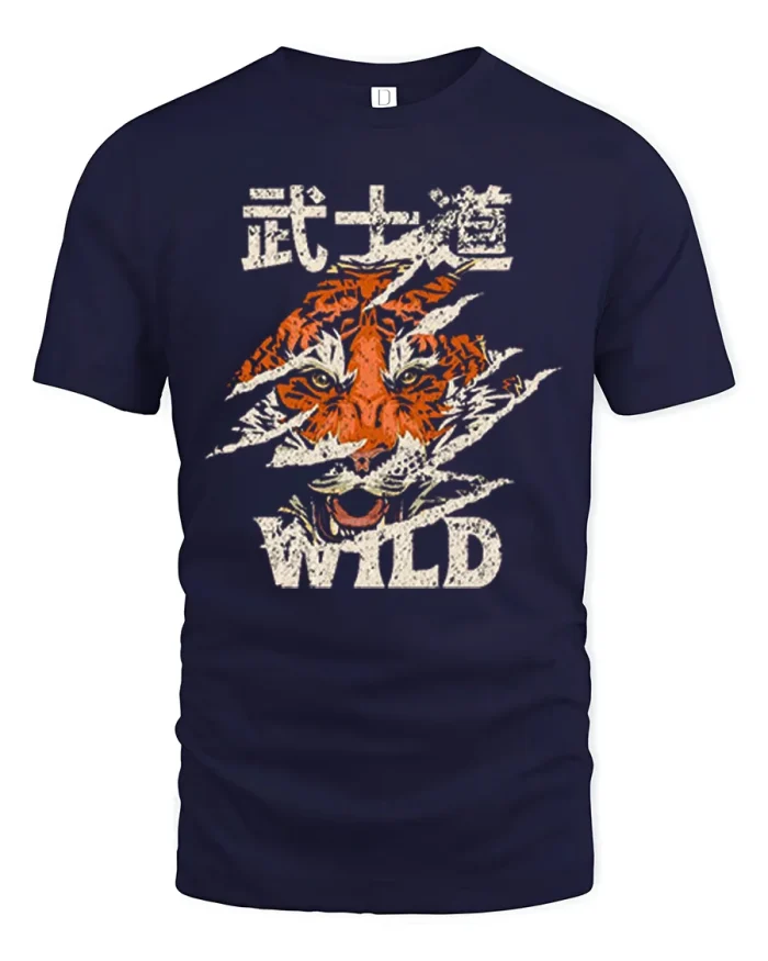Wild Tiger Japanese Kanji Claw Scratch Graphic T-Shirt - navy t-shirt on white background