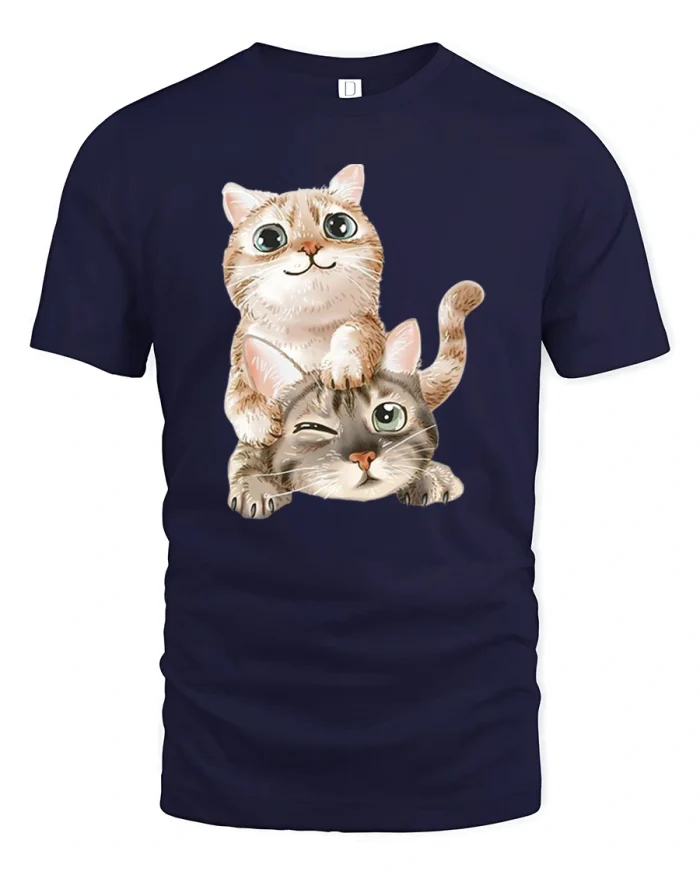 Cute Playful Two Cats Hugging Funny Graphic Tshirt - navy t-shirt on white background