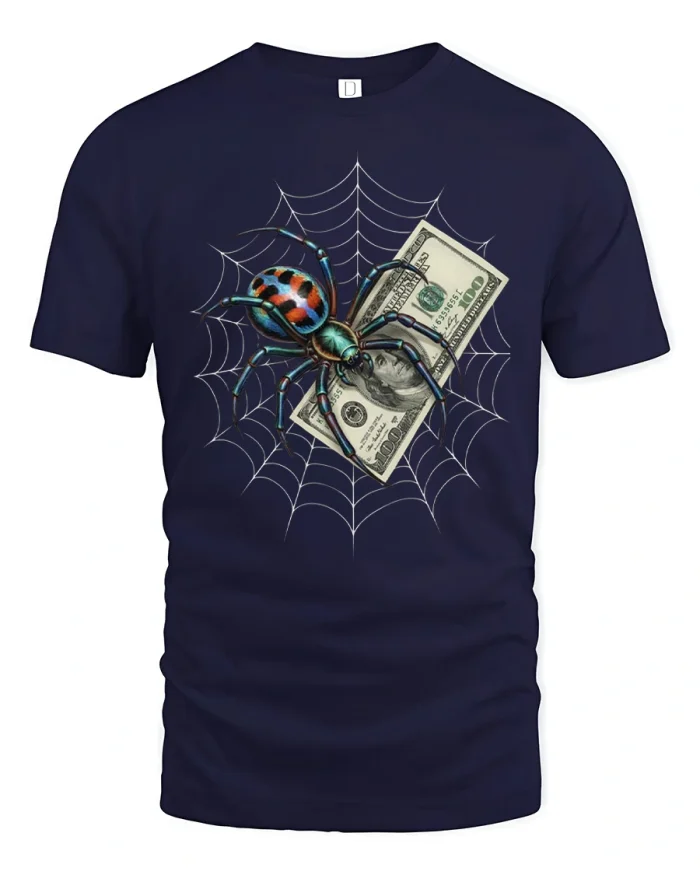 Colorful Spider Web Hundred Dollar Bill Graphic T-Shirt - navy t-shirt on white background