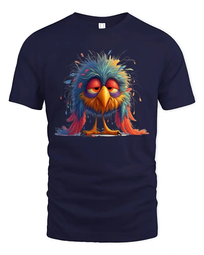 Funny Sleepy Bird Cartoon Graphic T-Shirt - navy t-shirt on white background