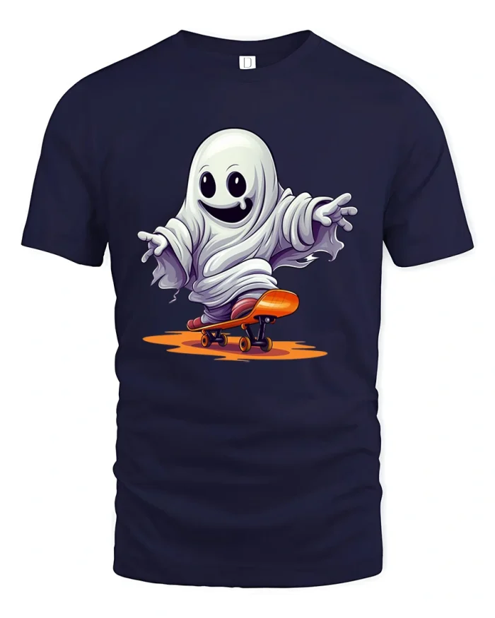 Cute Skater Ghost Halloween Skateboard Graphic T-Shirt - navy t-shirt on white background
