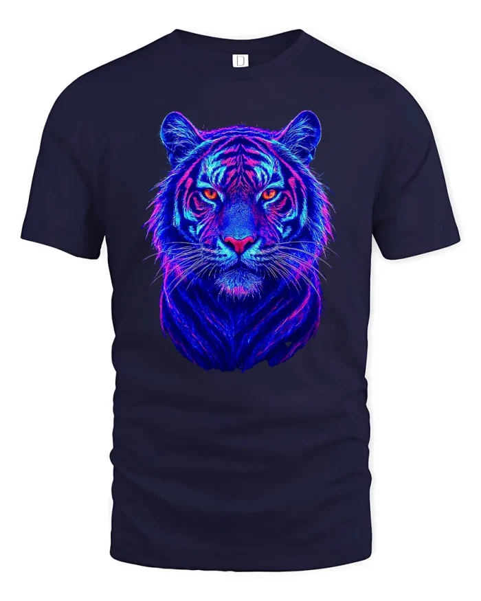 Neon Glow Blue Tiger Portrait Graphic T-Shirt - navy t-shirt on white background
