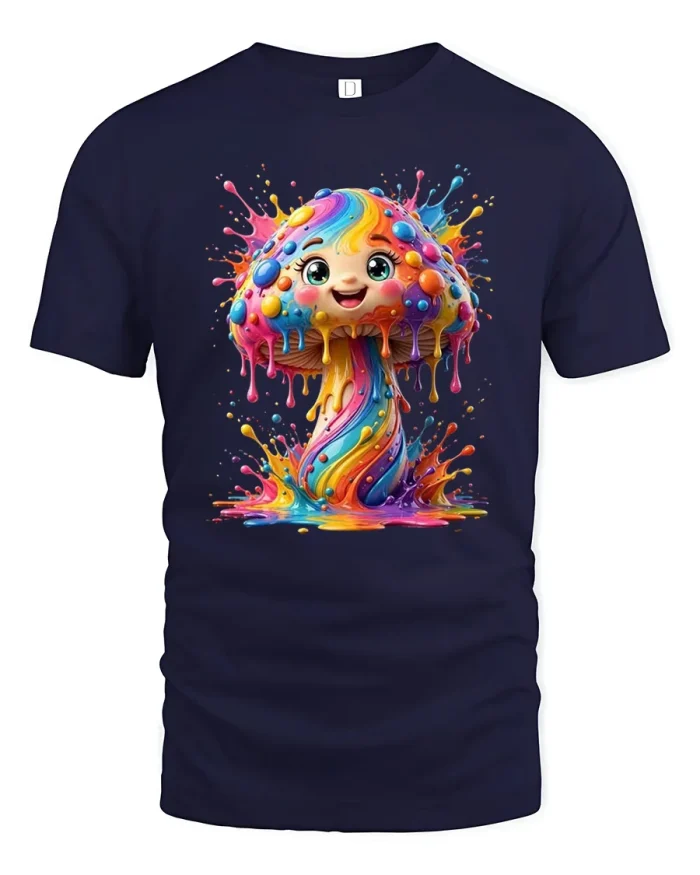 Colorful Melting Paint Splash Cute Mushroom Graphic T-Shirt - navy t-shirt on white background