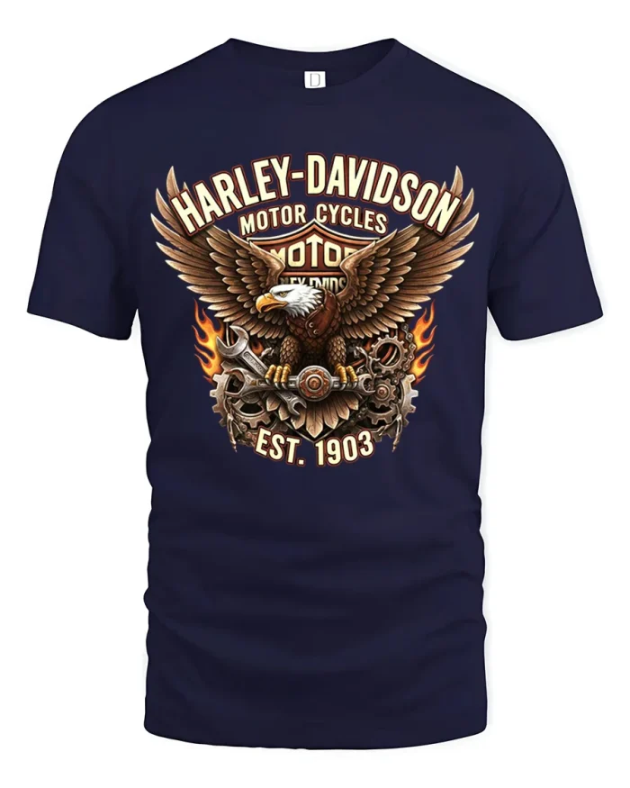 Harley Davidson Eagle Motorcycle Graphic T-Shirt - navy t-shirt on white background