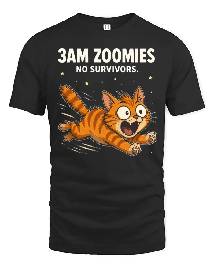 3AM Zoomies No Survivors Funny Orange Cat Meme T-Shirt - black t-shirt on white background
