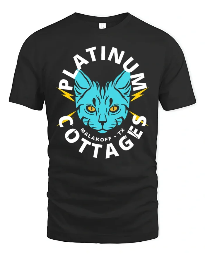 Platinum Cottages Malakoff Texas Blue Cat Graphic T-Shirt - black t-shirt on white background