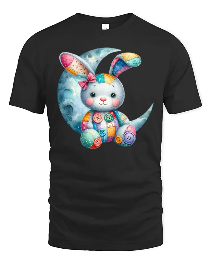 Cute Patchwork Bunny Rabbit On The Moon Graphic T-Shirt - black t-shirt on white background