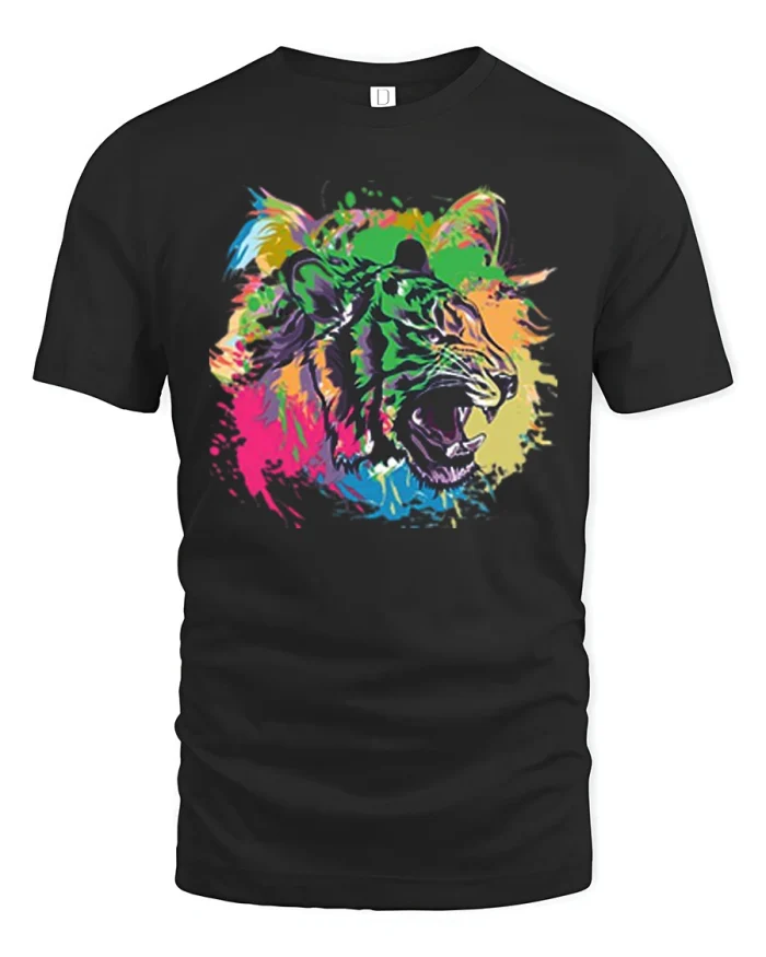 Colorful Neon Splash Tiger Head Graphic T-Shirt - black t-shirt on white background