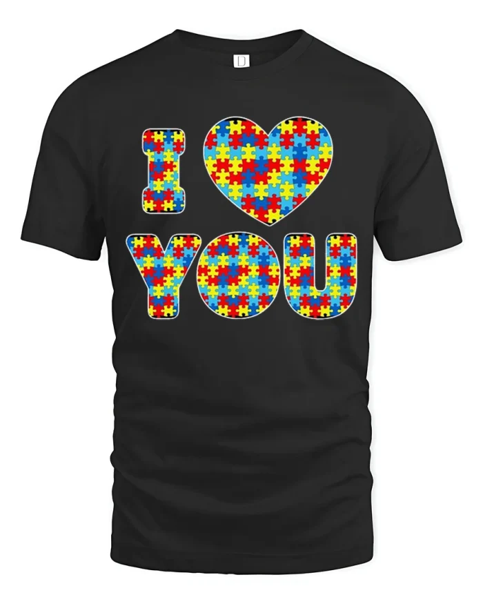 I Love You Autism Awareness Puzzle Piece Heart T-Shirt - black t-shirt on white background